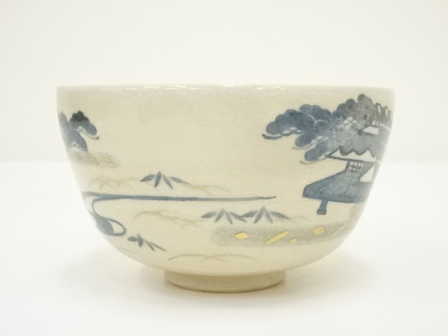 茶道具　京焼　清閑寺窯　杉田祥平造　染付　棯文　汲出碗　五客　共箱　V　7251 茶道具 京焼 清閑寺窯 杉田祥平造 染付 棯文 汲出碗 五